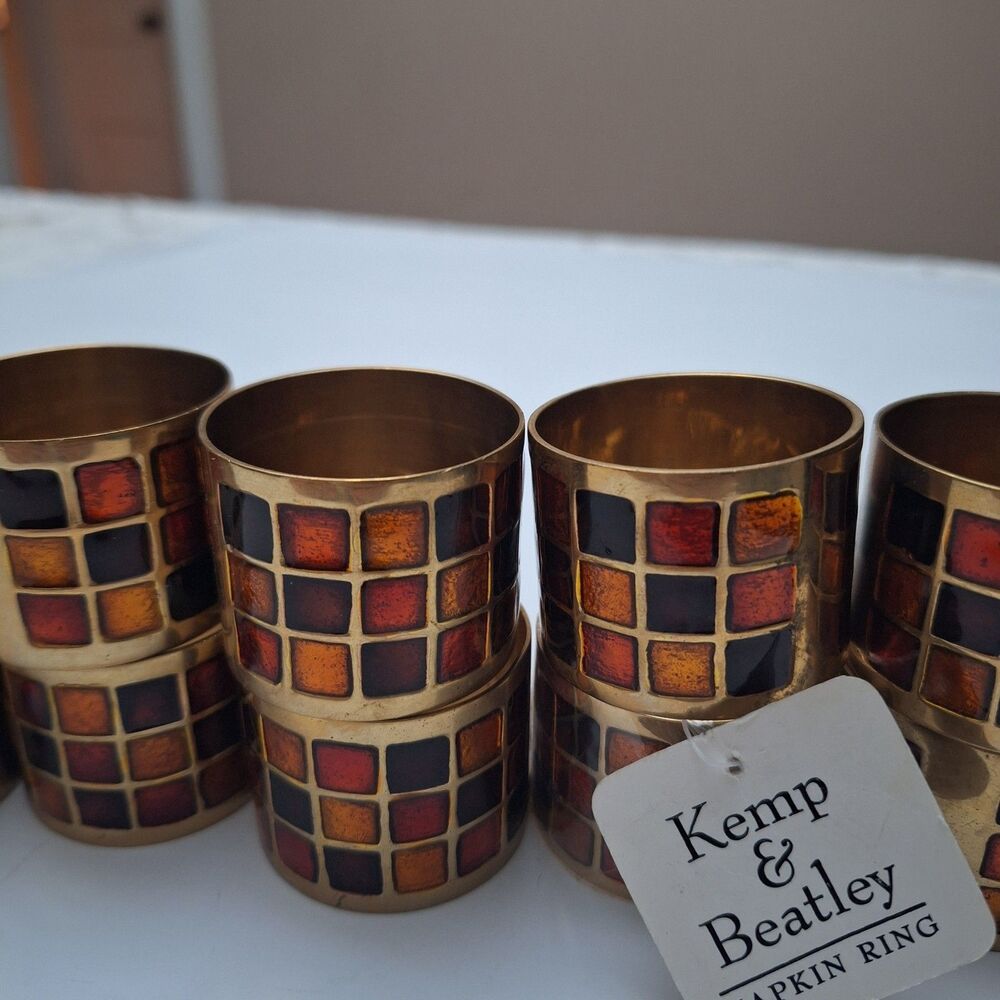 Kemp And Beatley Vintage Napkin Rings Brass Tone And Orange/Brown Autumn Colors
